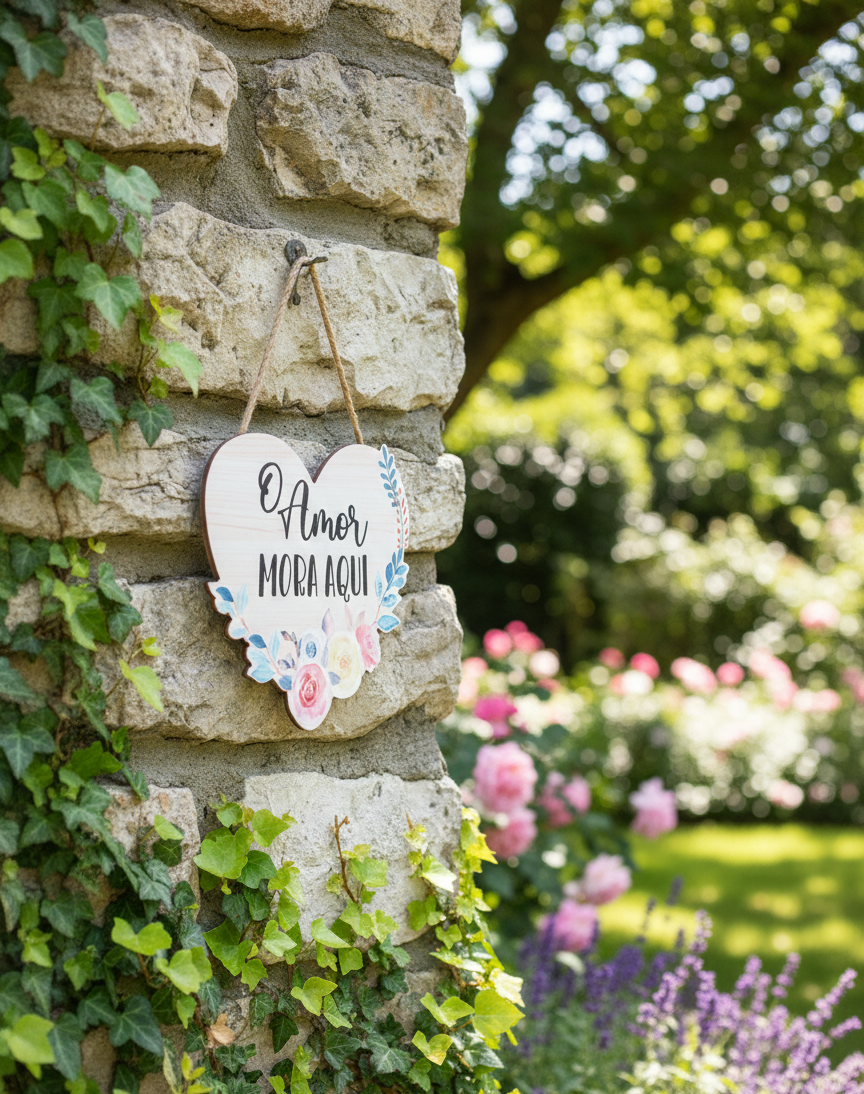 PLACA DECORATIVA FLORAL - "O AMOR MORA AQUI"