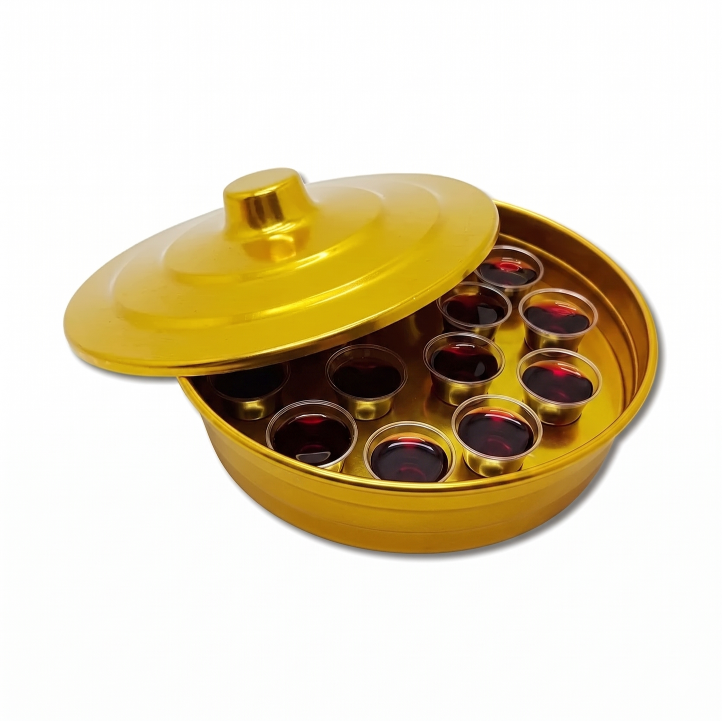 Small golden aluminum tray for Holy Communion with 15 chalices