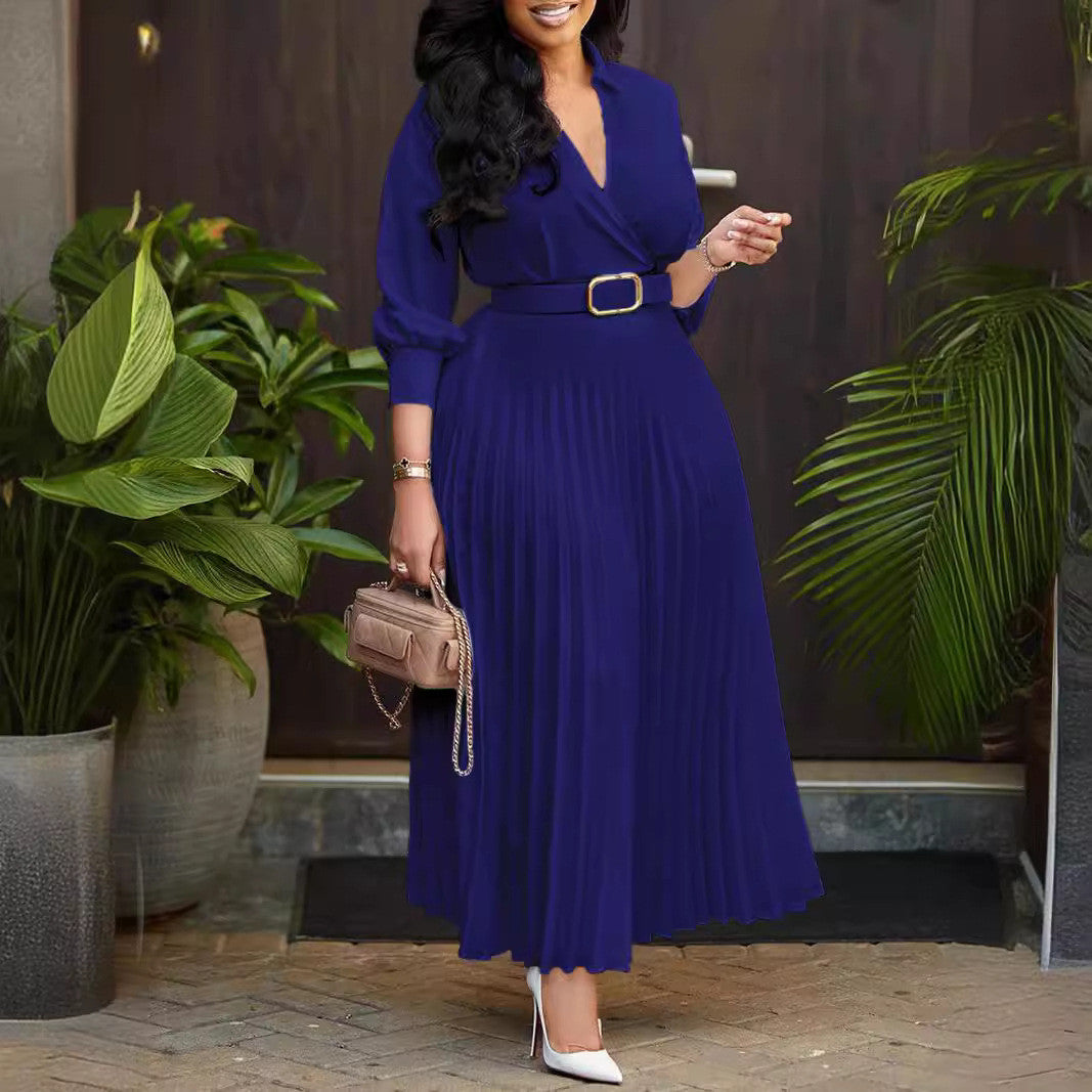 Vestido Midi Elegante com Cinto Outono Plissado Manga Comprida