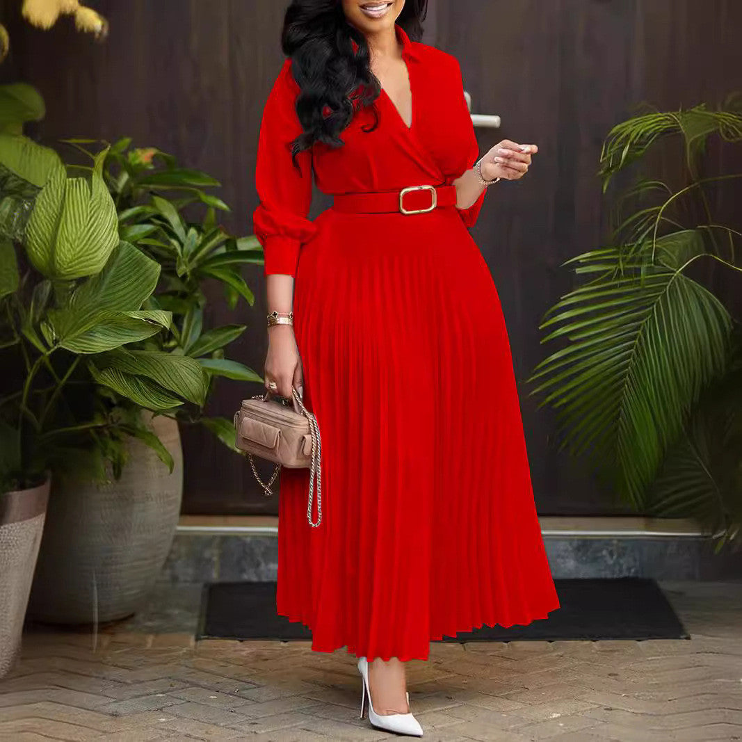 Vestido Midi Elegante com Cinto Outono Plissado Manga Comprida