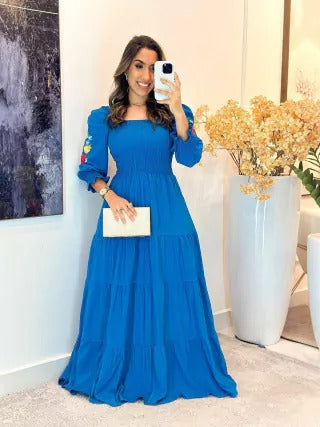 VESTIDO VISCOLINHO COM MANGA BORBADA - REBECA