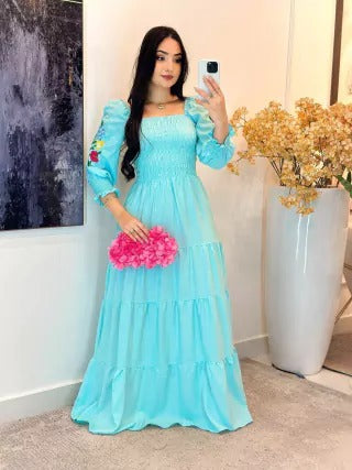 VESTIDO VISCOLINHO COM MANGA BORBADA - REBECA