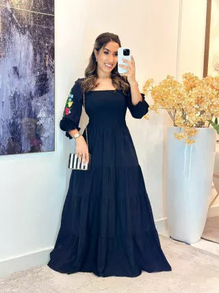 VESTIDO VISCOLINHO COM MANGA BORBADA - REBECA