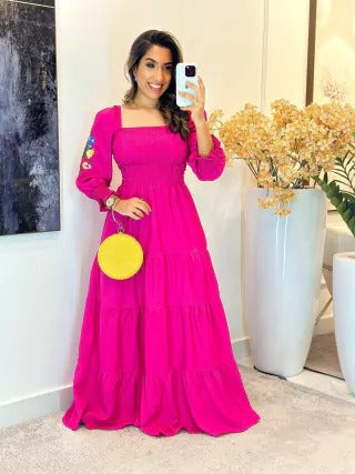 VESTIDO VISCOLINHO COM MANGA BORBADA - REBECA