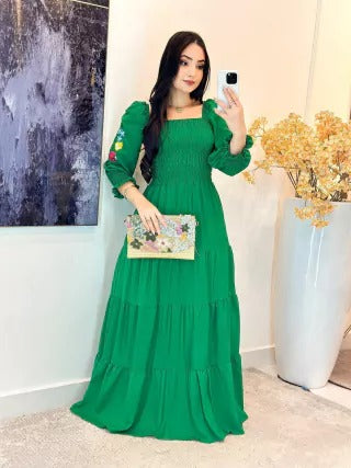 VESTIDO VISCOLINHO COM MANGA BORBADA - REBECA