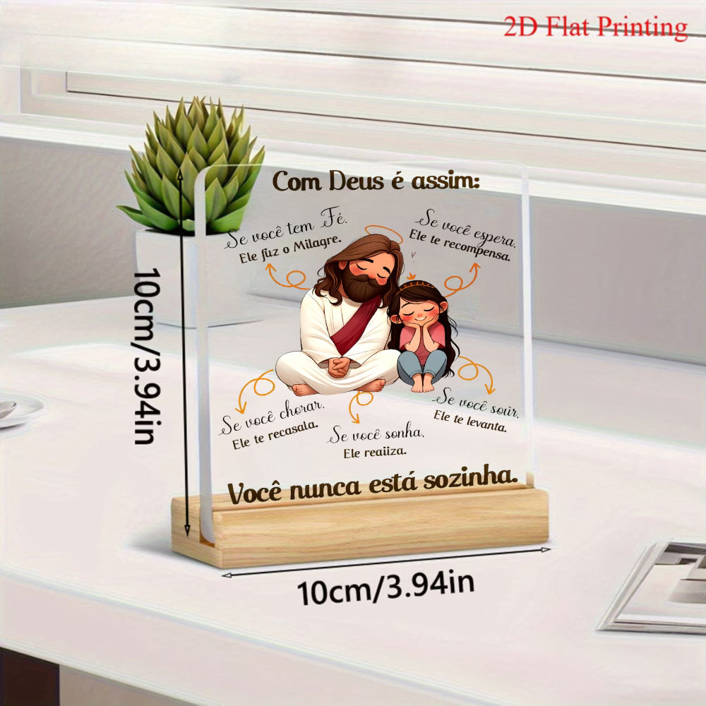 PLACA DECORATIVA EM ACRÍLICO COM SUPORTE EM MADEIRA 2D "COM DEUS É ASSIM"