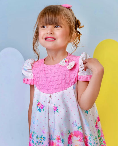 VESTIDO TRAPEZIO LUXO ROSA BEBE COM BOLINHAS