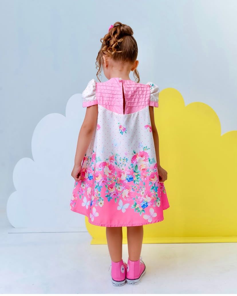 VESTIDO TRAPEZIO LUXO ROSA BEBE COM BOLINHAS
