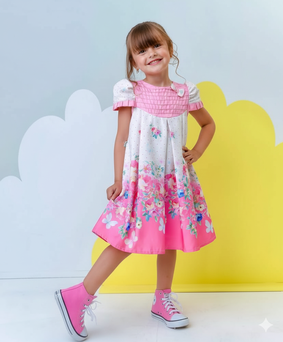 VESTIDO TRAPEZIO LUXO ROSA BEBE COM BOLINHAS