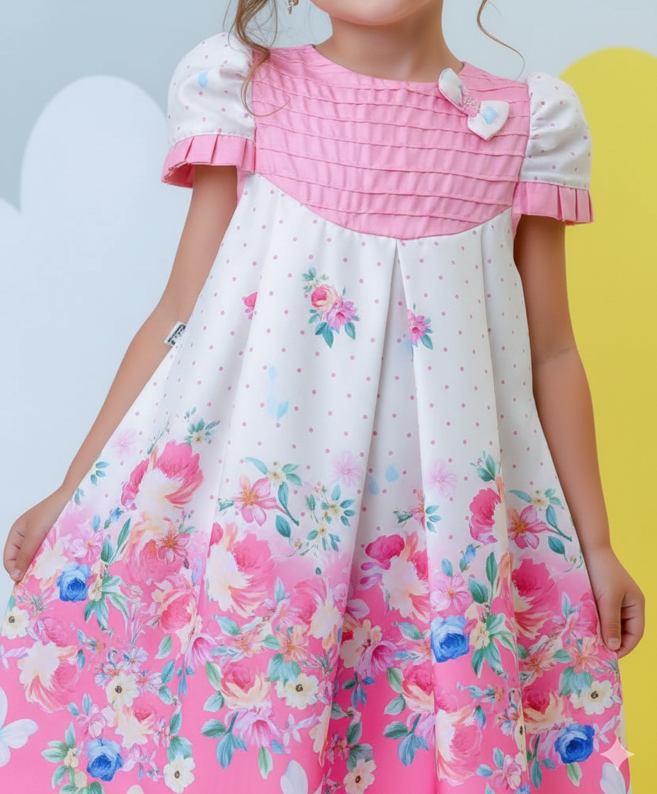 VESTIDO TRAPEZIO LUXO ROSA BEBE COM BOLINHAS