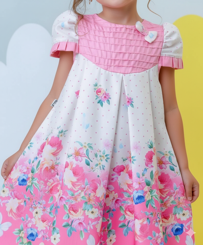 VESTIDO TRAPEZIO LUXO ROSA BEBE COM BOLINHAS