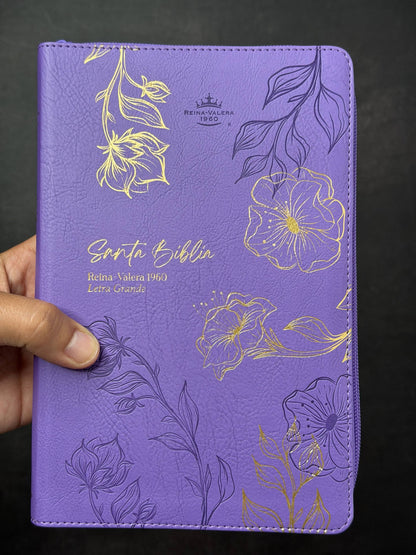 Bíblia RVR60 (presentes e premiações) – roxa com flor dourada e zíper