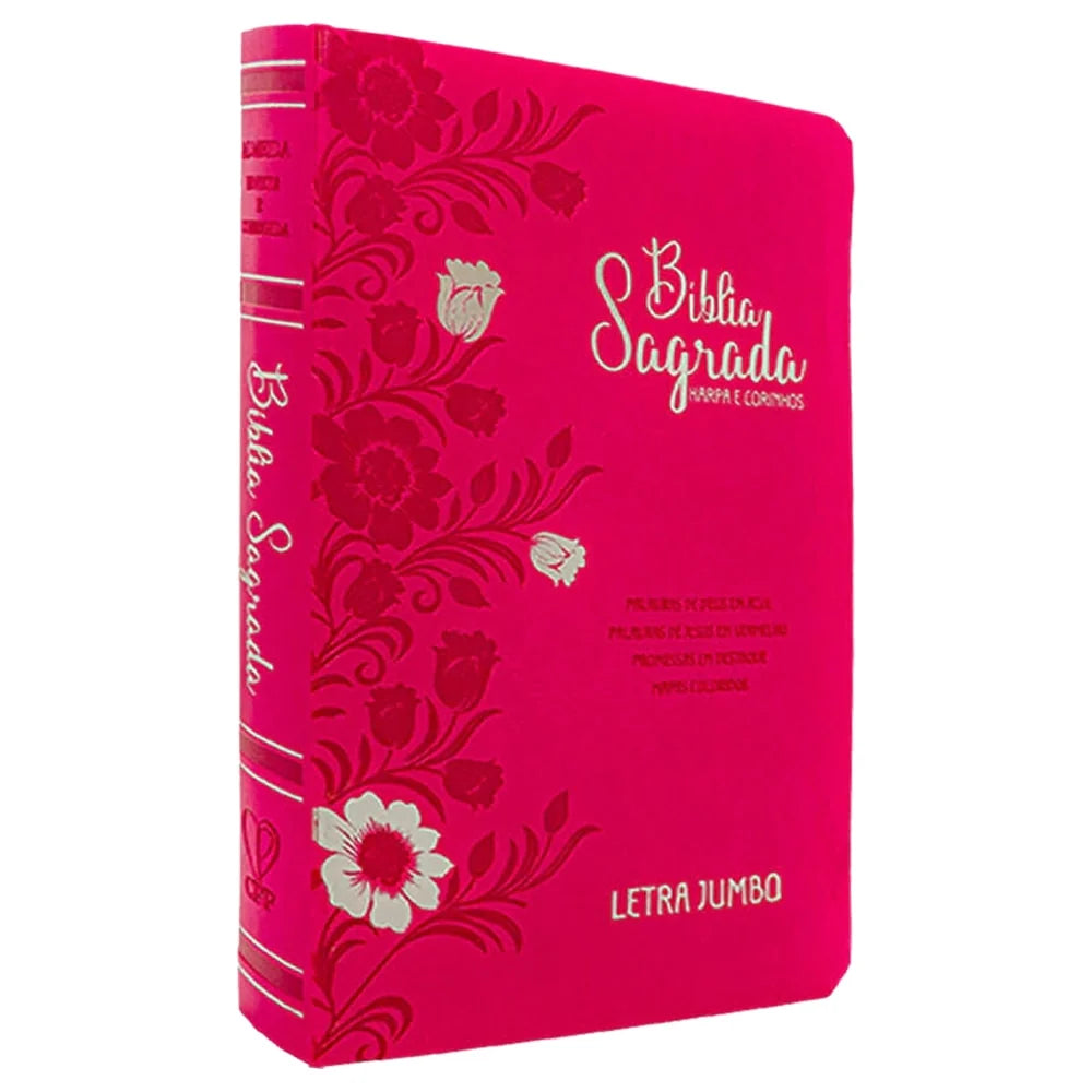 BÍBLIA SAGRADA LETRA JUMBO | ARC | HARPA AVIVADA E CORINHOS | CAPA PU LUXO FLORAL PINK