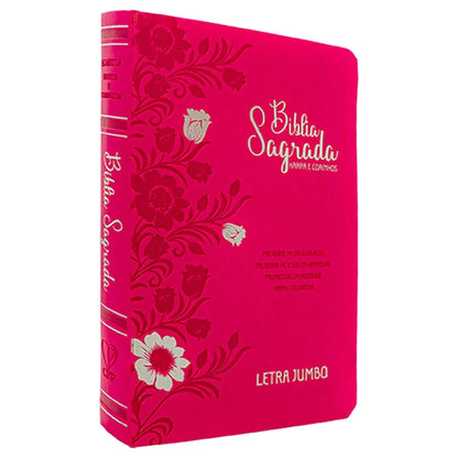 BÍBLIA SAGRADA LETRA JUMBO | ARC | HARPA AVIVADA E CORINHOS | CAPA PU LUXO FLORAL PINK