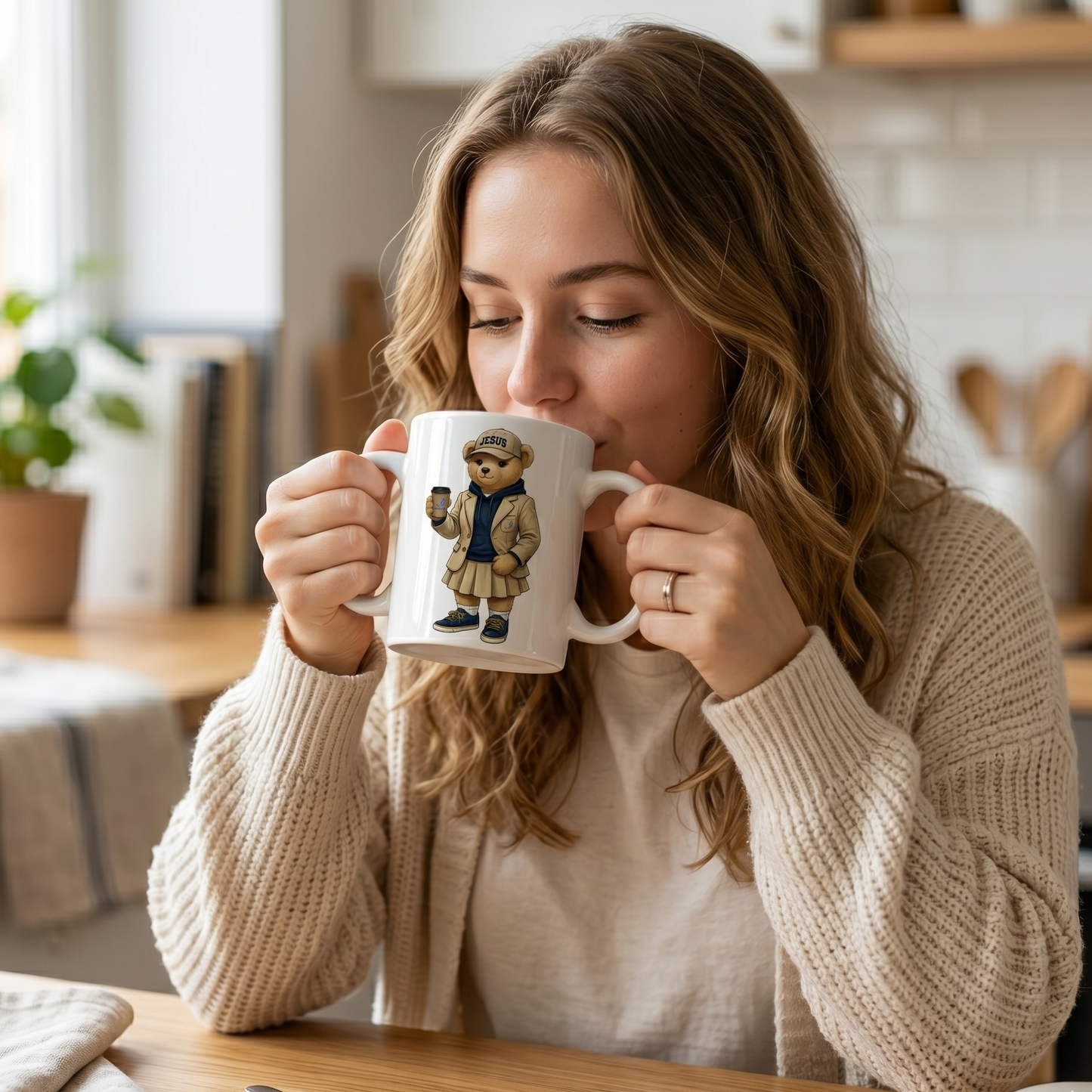 CANECA DE CERÂMICA BRANCA - URSINHA COM BONÉ JESUS E COPO DE CAFÉ