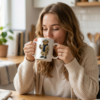 CANECA DE CERÂMICA BRANCA - URSINHA COM BONÉ JESUS E COPO DE CAFÉ