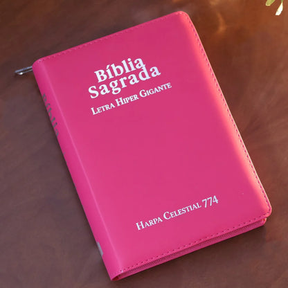 BÍBLIA SAGRADA ARC LETRA HIPERGIGANTE CAPA LUXO PINK COM FECHO E HARPA