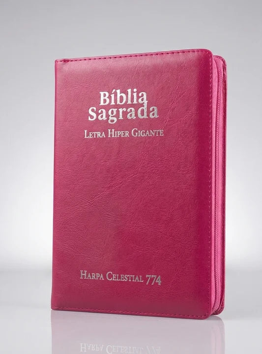BÍBLIA SAGRADA ARC LETRA HIPERGIGANTE CAPA LUXO PINK COM FECHO E HARPA