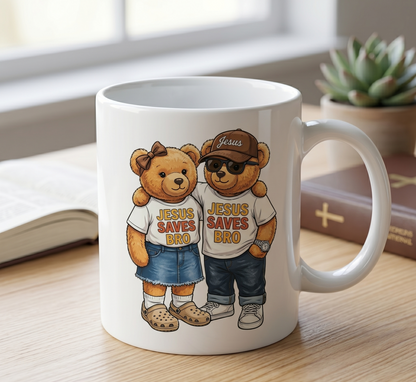 CANECA DE CERÂMICA BRANCA  “JESUS SAVES BRO”