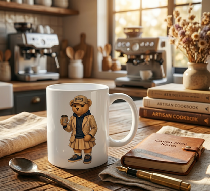 CANECA DE CERÂMICA BRANCA - URSINHA COM BONÉ JESUS E COPO DE CAFÉ