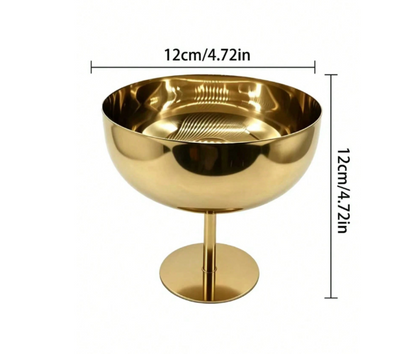 TAÇA REDONDA EM AÇO INOXIDÁVEL DOURADO COM PÉ ALTO