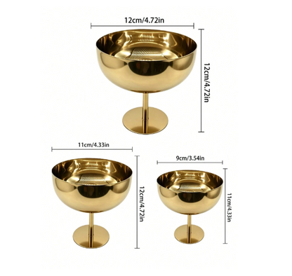 TAÇA REDONDA EM AÇO INOXIDÁVEL DOURADO COM PÉ ALTO