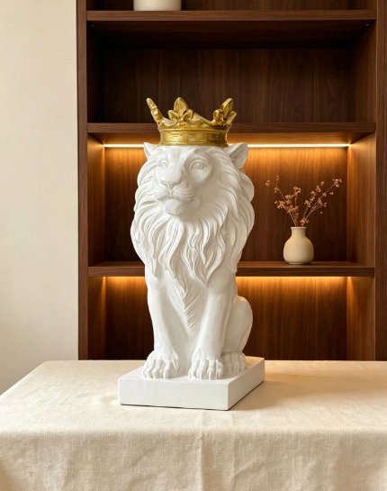 Objeto decorativo leão rei com coroa dourada