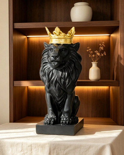 Objeto decorativo leão rei com coroa dourada