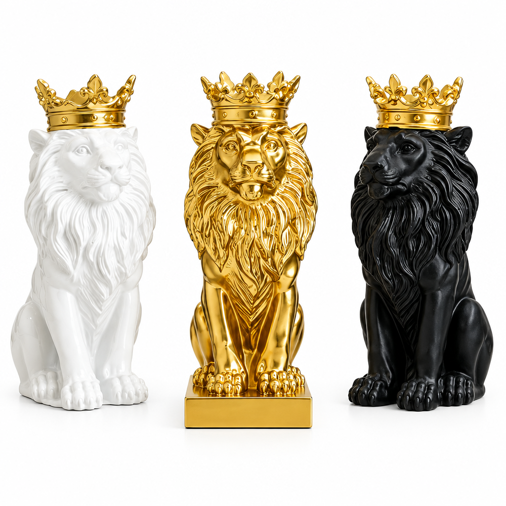 Objeto decorativo leão rei com coroa dourada