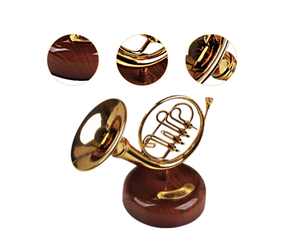 CAIXA DE MÚSICA CRIATIVA TROMPA-MINI INSTRUMENTOS COM ACABAMENTO ELEGANTE
