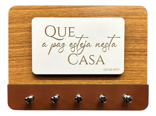 Porta chaves MDF com acabamento em couro - Que a paz esteja nesta casa