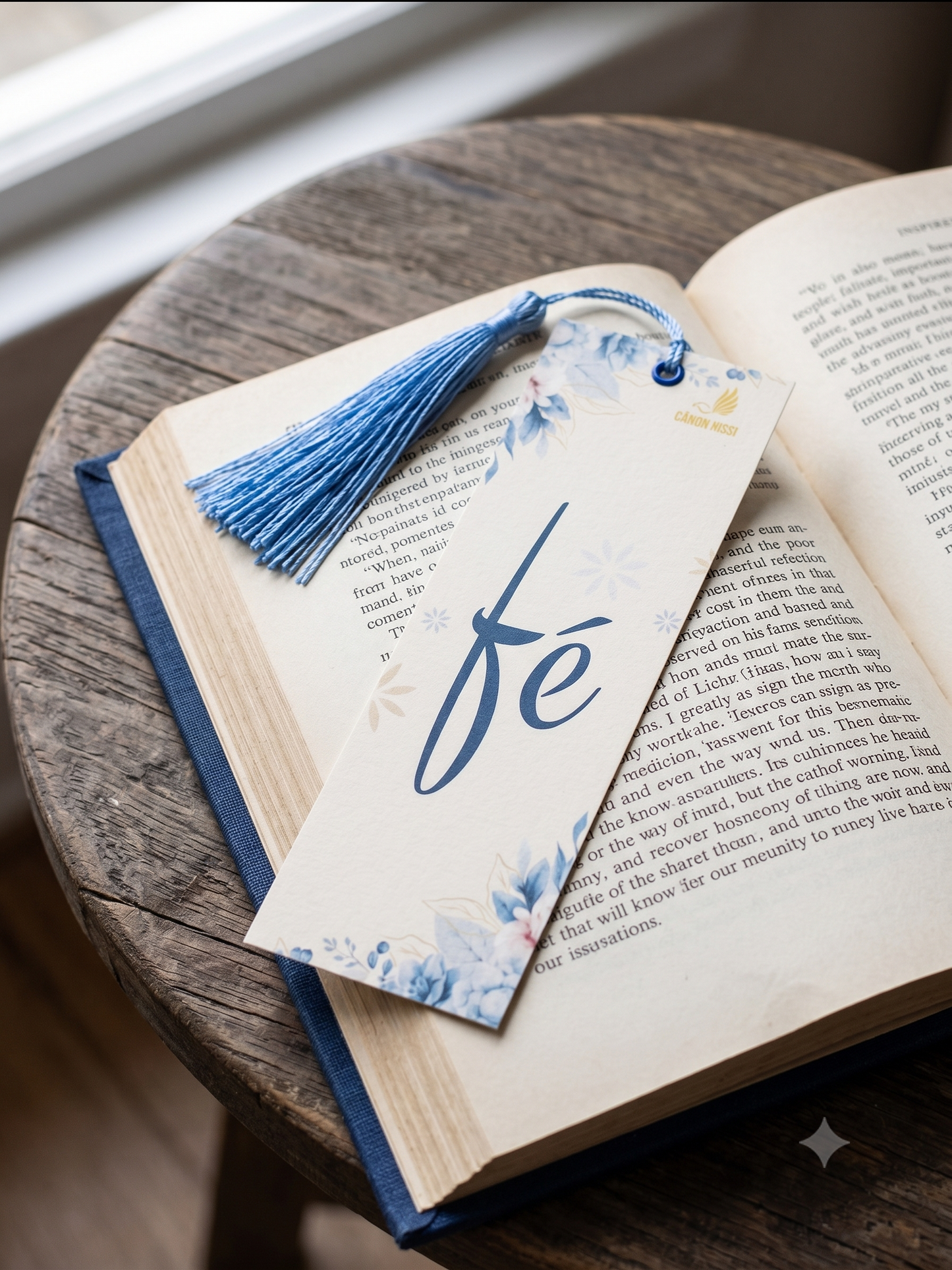MARCADOR DE PÁGINAS LAMINADO — FÉ | FLORAL AZUL COM TASSEL | CÂNON NISSI
