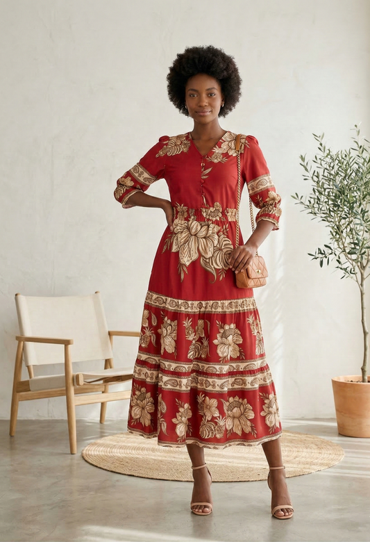 VESTIDO MIDI FLORAL DETALHES EM BOTÕES - HOSANA