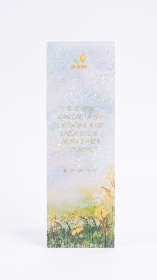 MARCADOR DE PÁGINAS LAMINADO HOLOGRÁFICO – ILUSTRAÇÃO FÉ (SALMOS 121:8)