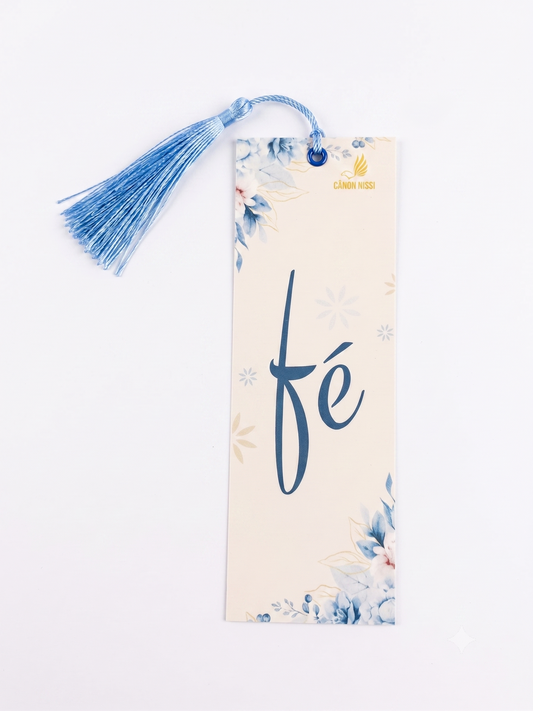MARCADOR DE PÁGINAS LAMINADO — FÉ | FLORAL AZUL COM TASSEL | CÂNON NISSI