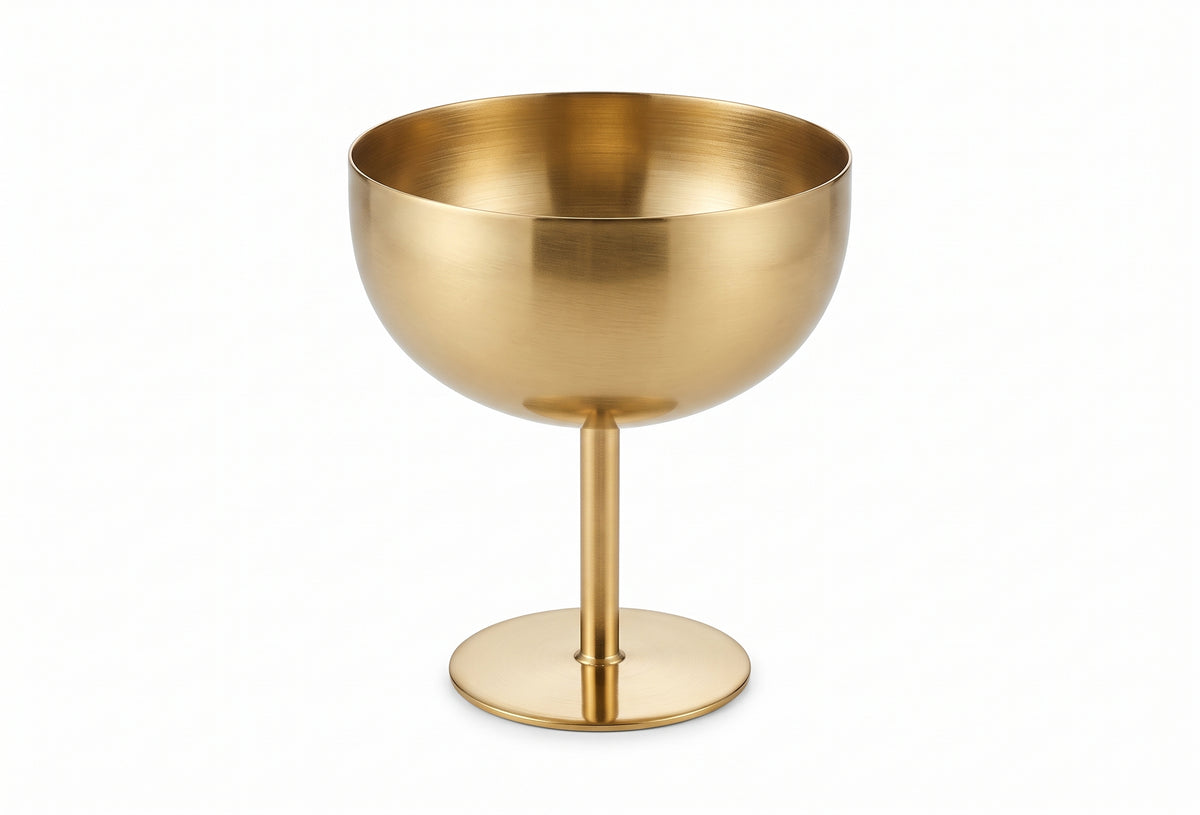 TAÇA REDONDA EM AÇO INOXIDÁVEL DOURADO COM PÉ ALTO