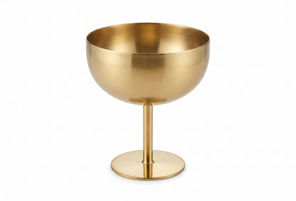 TAÇA REDONDA EM AÇO INOXIDÁVEL DOURADO COM PÉ ALTO