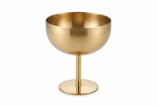 TAÇA REDONDA EM AÇO INOXIDÁVEL DOURADO COM PÉ ALTO