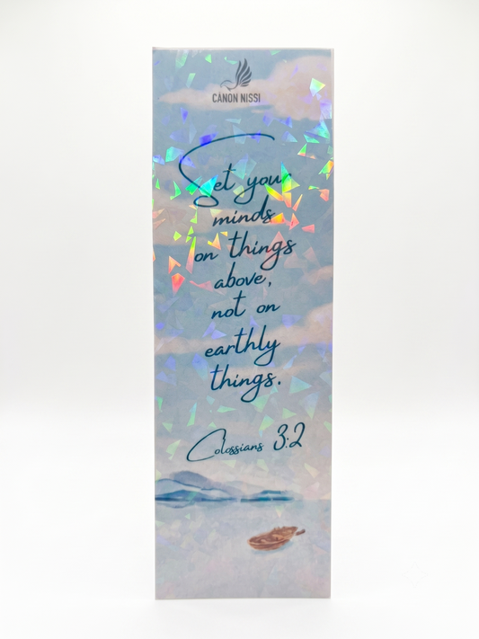 MARCADOR DE PÁGINAS LAMINADO HOLOGRÁFICO — COLOSSENSES 3:2