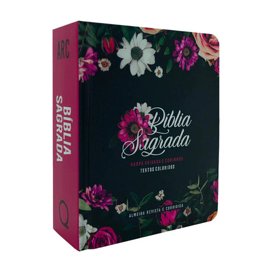 BIBLIA FLORAL PINK COM HARPA