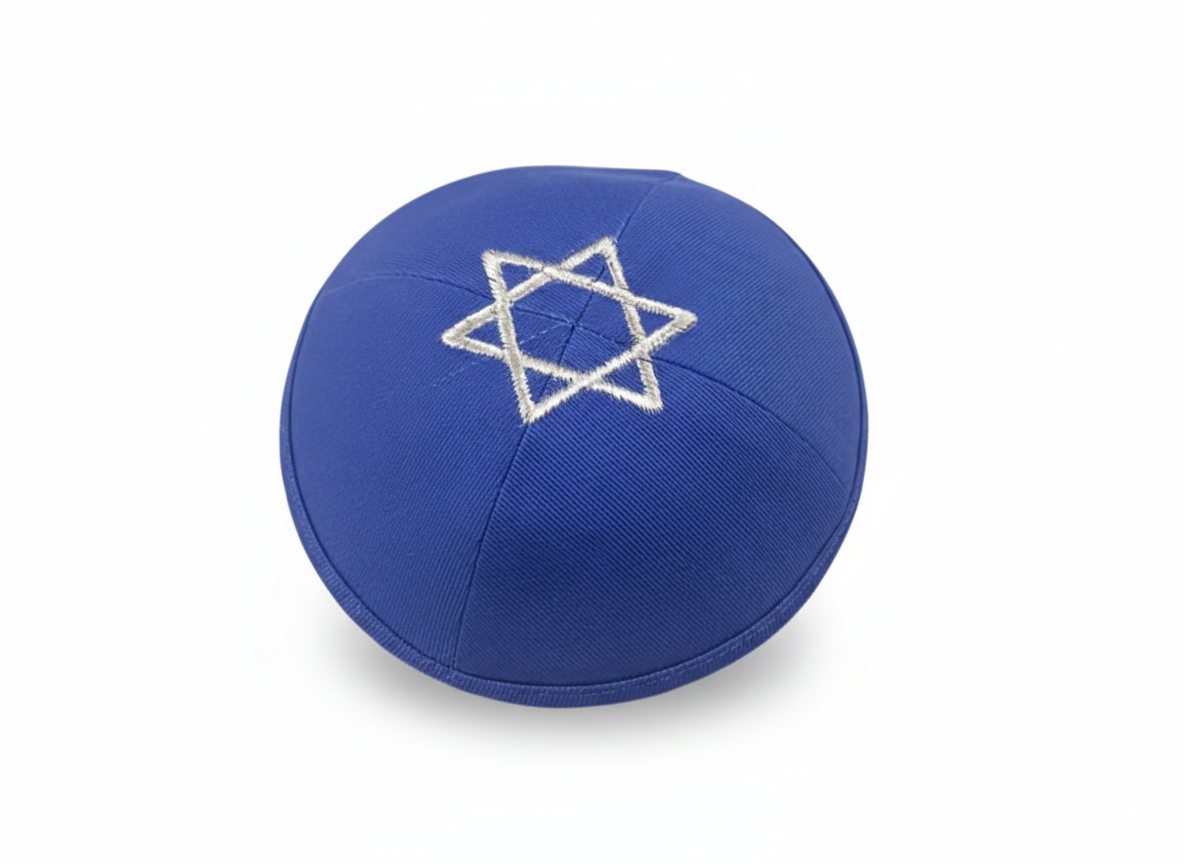 KIPPAH AZUL ROYAL BORDADA COM ESTRELA DE DAVI