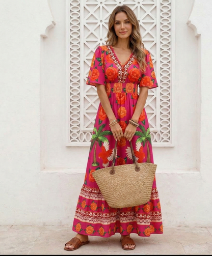 VESTIDO MAXI FÚCSIA TROPICAL BRISA DO BRASIL