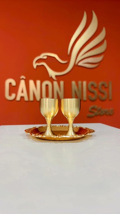 KIT DE CÁLICE DUPLO COM BANDEJA PARA CEIA  (Acabamento Dourado)