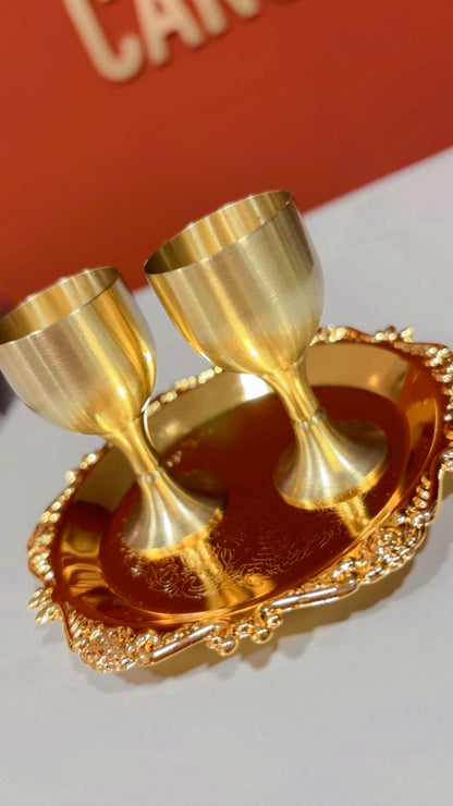KIT DE CÁLICE DUPLO COM BANDEJA PARA CEIA  (Acabamento Dourado)