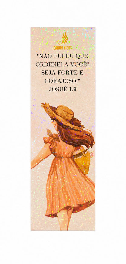 MARCADOR DE PÁGINAS LAMINADO HOLOGRÁFICO – SEJA FORTE E CORAJOSO (JOSUÉ 1:9)