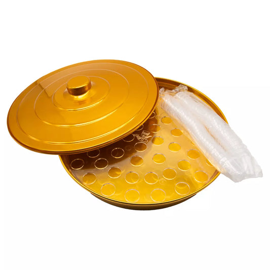 Large golden aluminum tray for Holy Communion with 54 chalices
