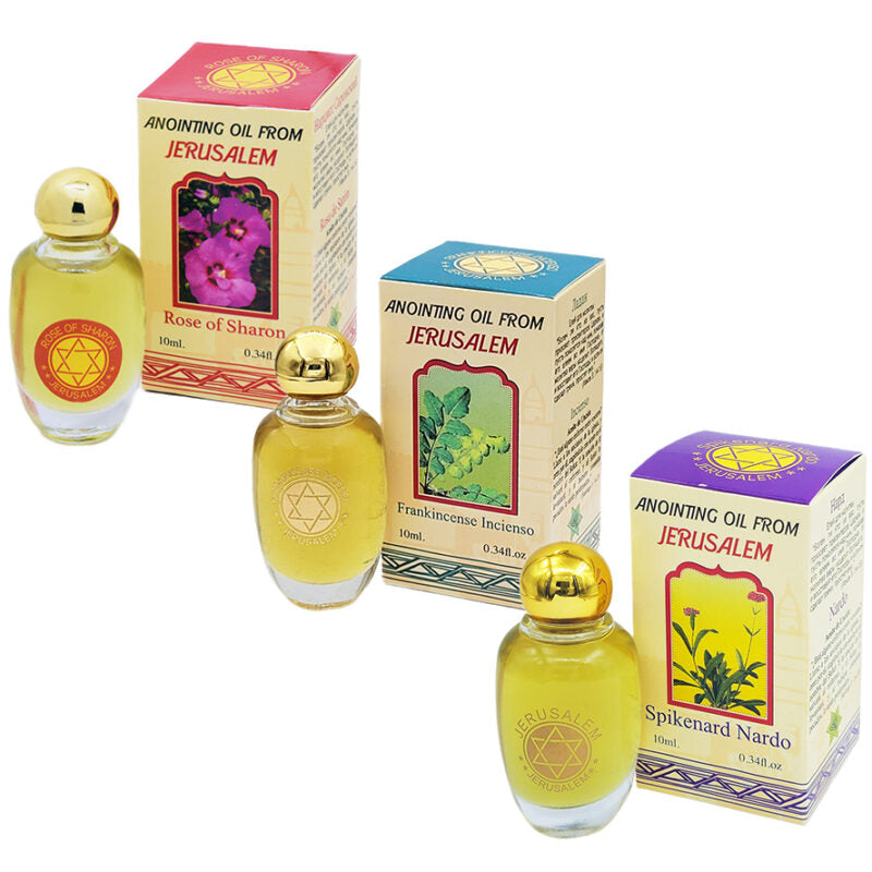 CONJUNTO DE ÓLEOS DE UNÇÃO DE JERUSALÉM – NARDO, ROSA DE SARON E OLÍBANO | 3x10ML