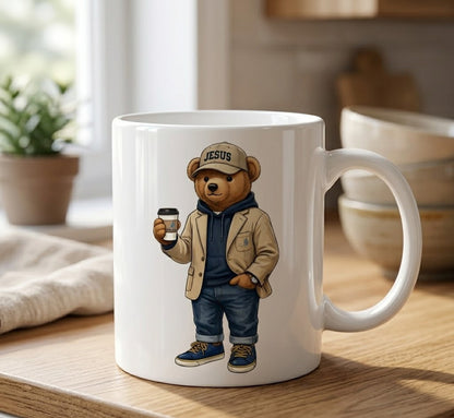 CANECA DE CERÂMICA BRANCA - URSINHO COM BONÉ JESUS E COPO DE CAFÉ