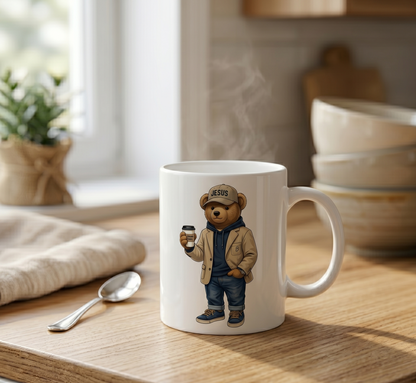 CANECA DE CERÂMICA BRANCA - URSINHO COM BONÉ JESUS E COPO DE CAFÉ