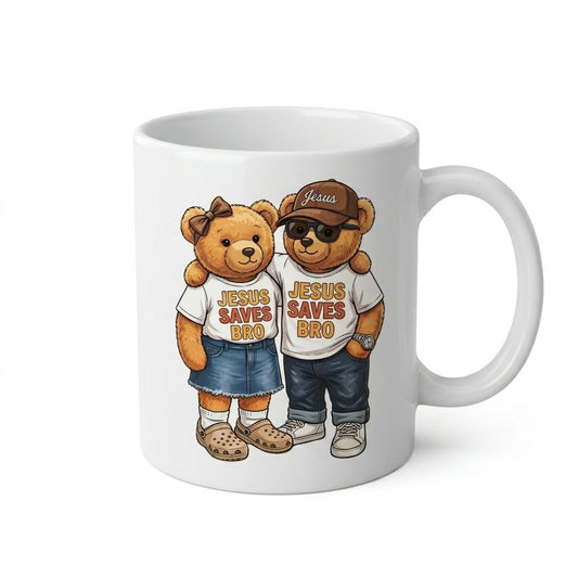CANECA DE CERÂMICA BRANCA  “JESUS SAVES BRO”